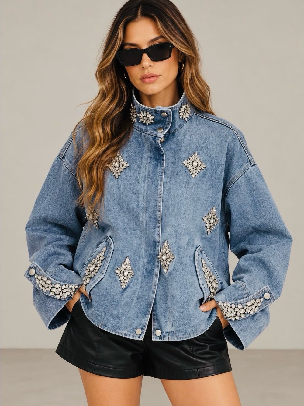 Embellished Light Blue Denim Jacket with Stand Collar